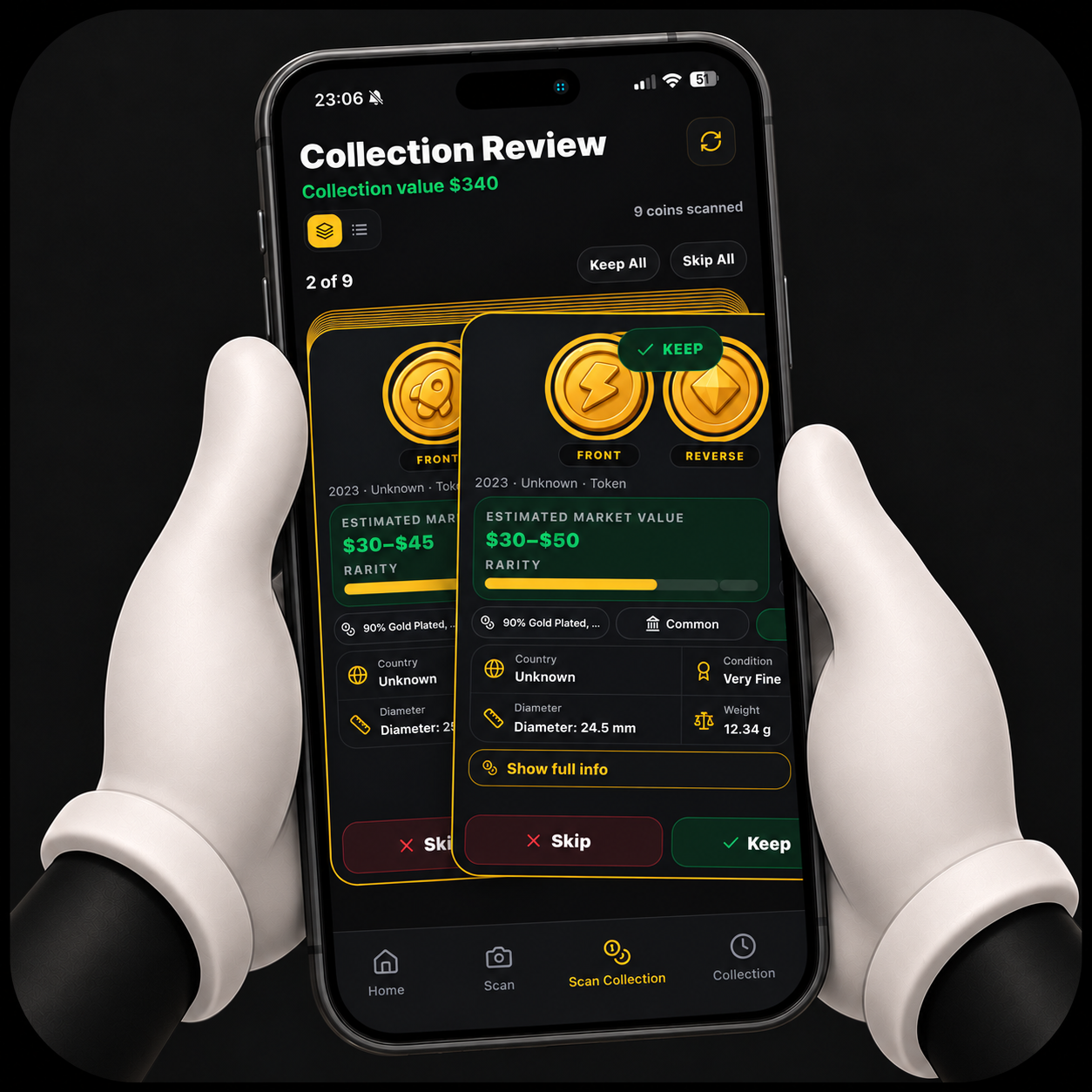 Nummio Collection Review showing nine scanned coins, a combined estimated value, and keep or skip controls