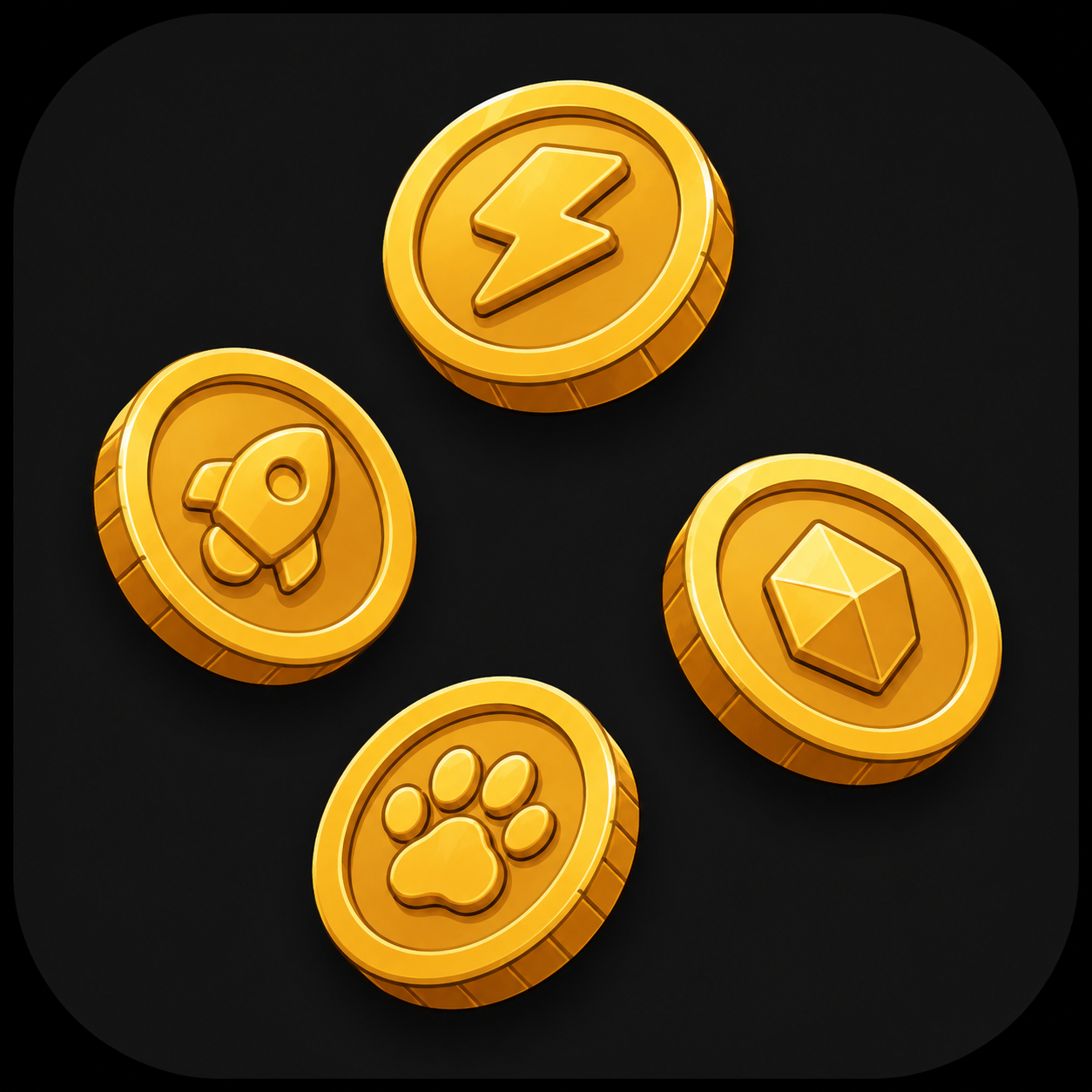A set of collectible-style coins shown on a dark background.