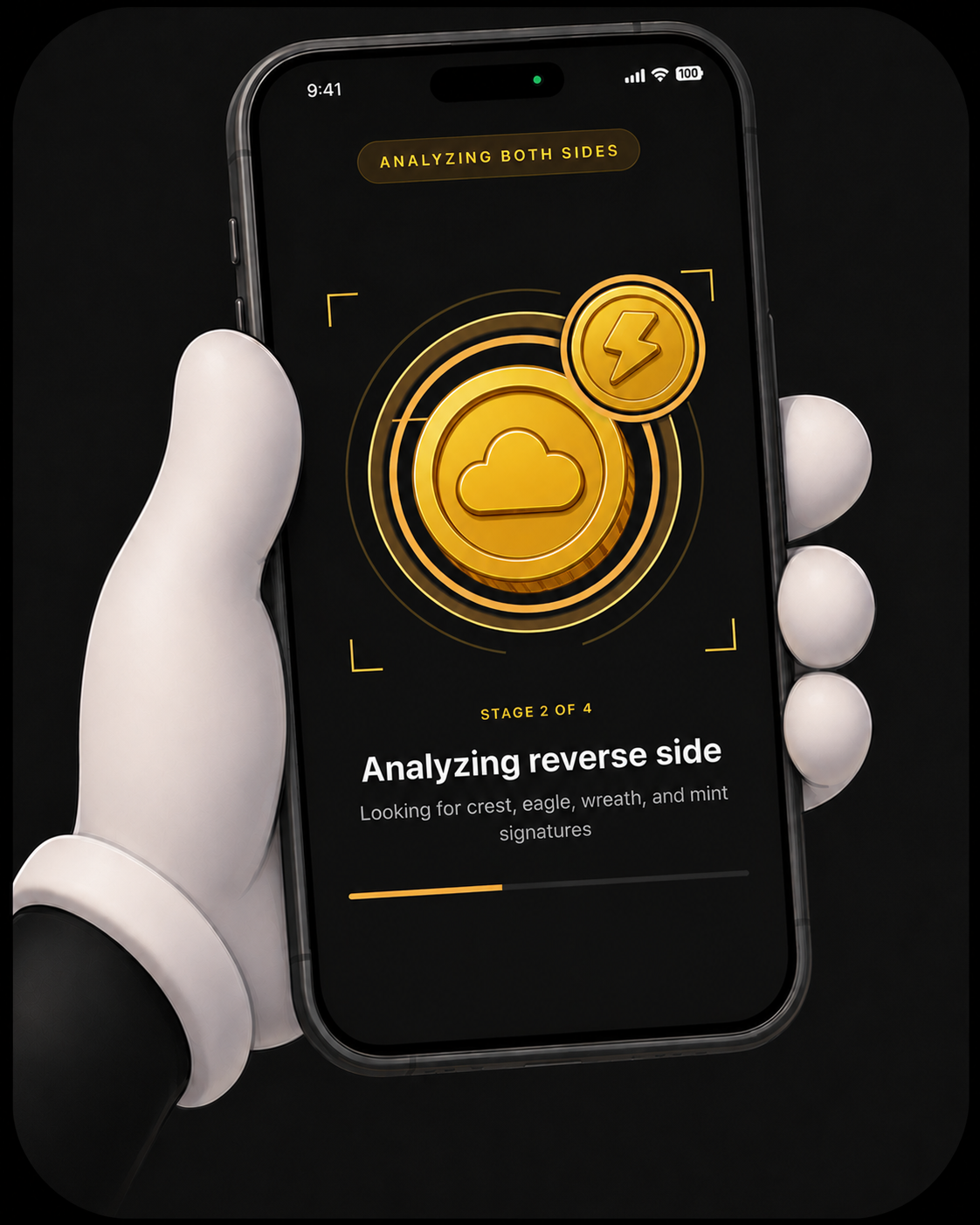 The app analyzing both sides of a coin on a progress screen.