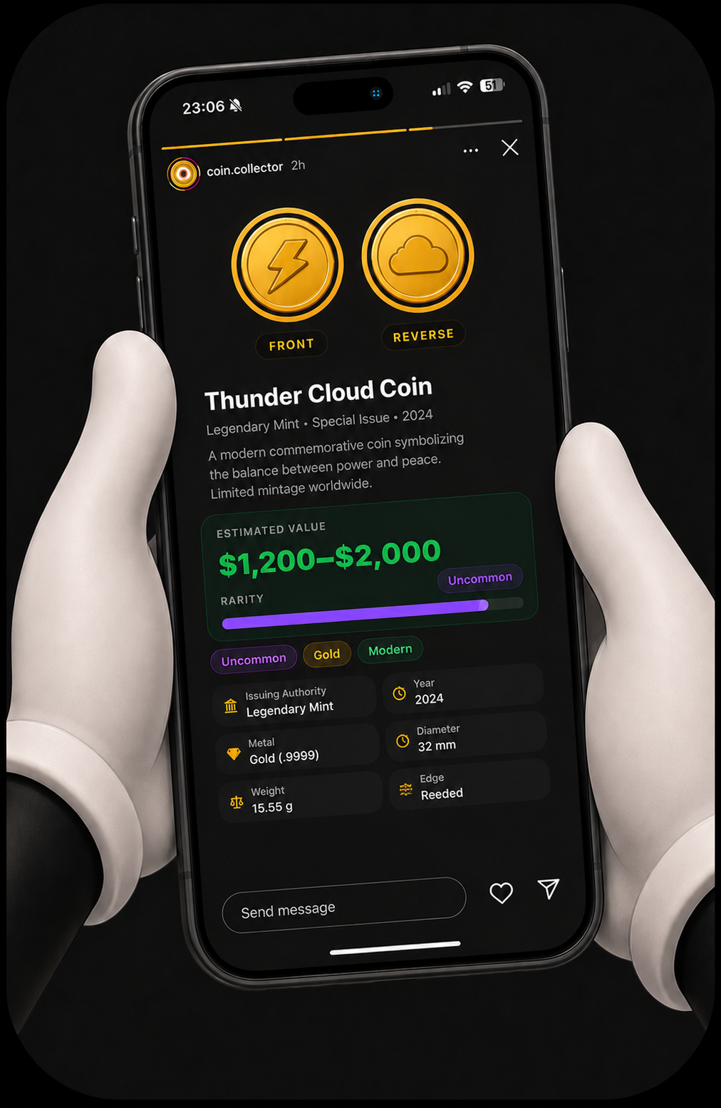 A coin result being shared in a social-style story layout.