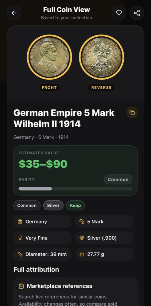 Nummio scan result for a German Empire 5 Mark Wilhelm II 1914 coin