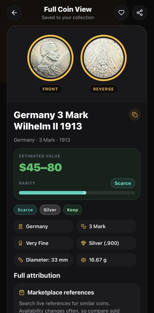 Nummio scan result for a Germany 3 Mark Wilhelm II 1913 coin