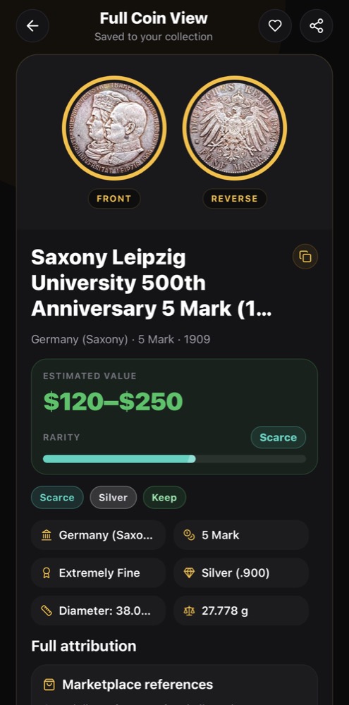Nummio scan result for a Saxony Leipzig University 500th Anniversary 5 Mark coin
