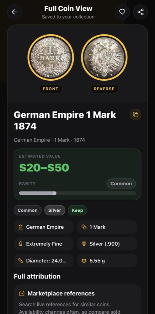 Nummio scan result for a German Empire 1 Mark 1874 coin