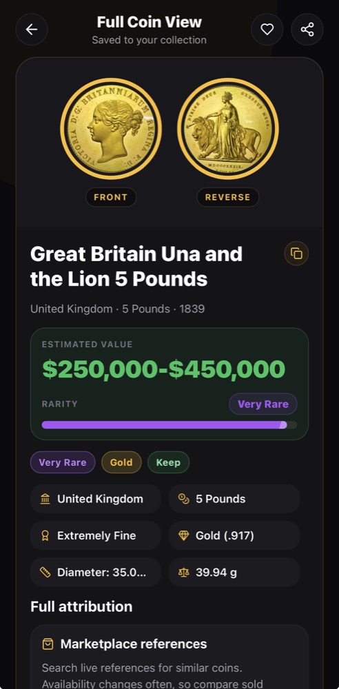 Nummio scan result for a Great Britain Una and the Lion 5 Pounds 1839 coin