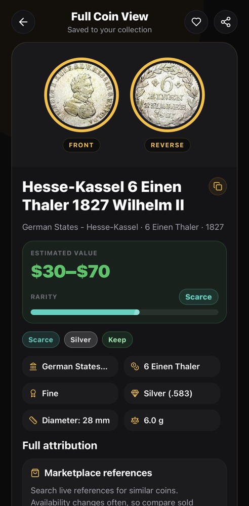Nummio scan result for a Hesse-Kassel 6 Einen Thaler 1827 Wilhelm II coin