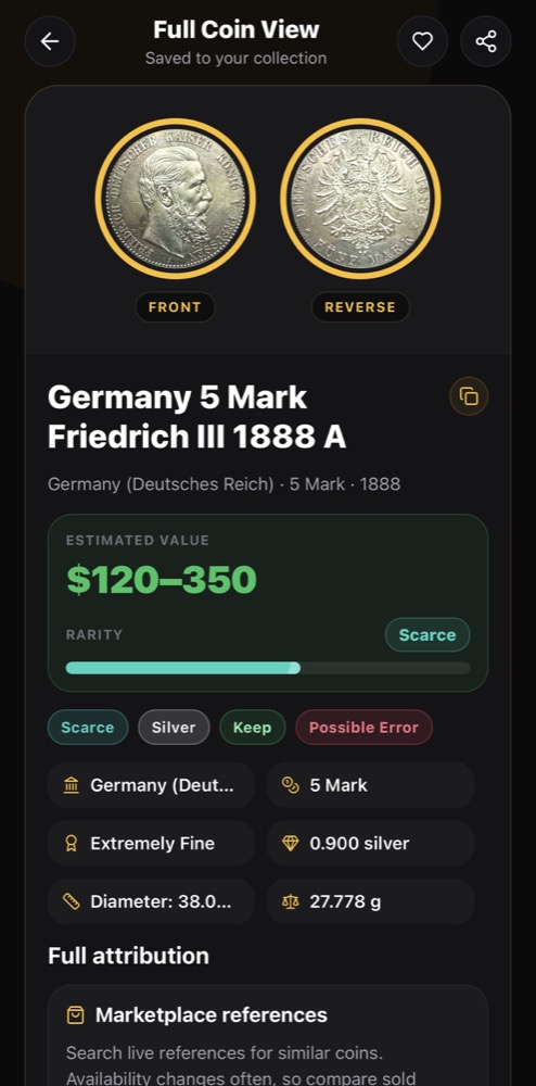Nummio scan result for a Germany 5 Mark Friedrich III 1888 A coin