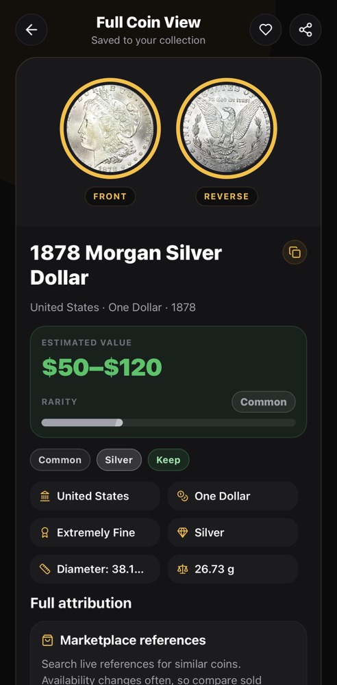 Nummio scan result for an 1878 Morgan Silver Dollar coin